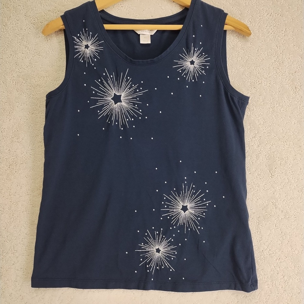 Christopher Banks Tank Top Womens PS Navy Embroidered Sequin Starburst